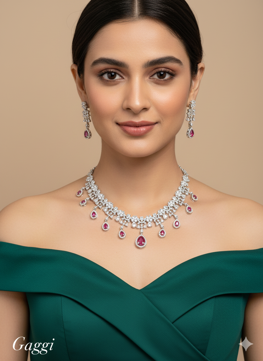 Silver American Diamond Ad Gaggi Necklace Set