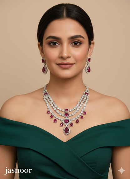 Silver American Diamond Ad Jasnoor Necklace Set