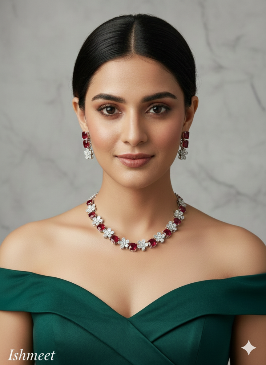 Silver Pink American Diamond Ad Ishmeet Necklace Set