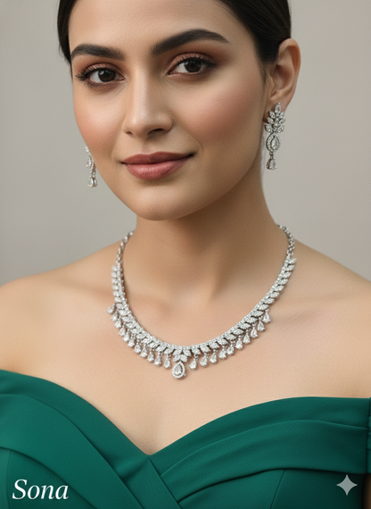 Silver American Diamond Ad Sona Necklace Set