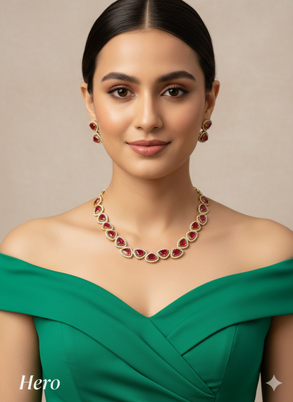 Ruby Antique Gold CZ Necklace Jewellery Hero Set