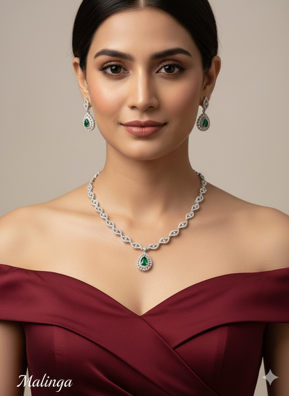 Green Silver CZ Necklace Jewellery Malinga Set