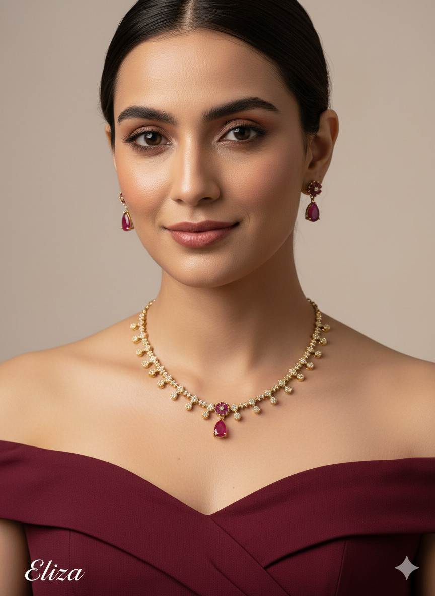 Antique Ruby American Diamond Ad Eliza Necklace Set