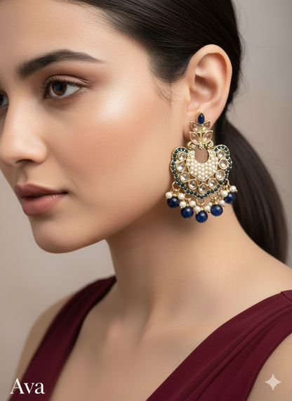 Blue Antique Gold Bollywood Earrings Ava Set