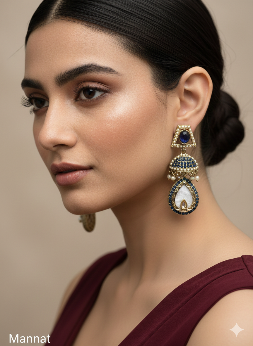 Blue Champagne Gold Mannat Bollywood Earrings