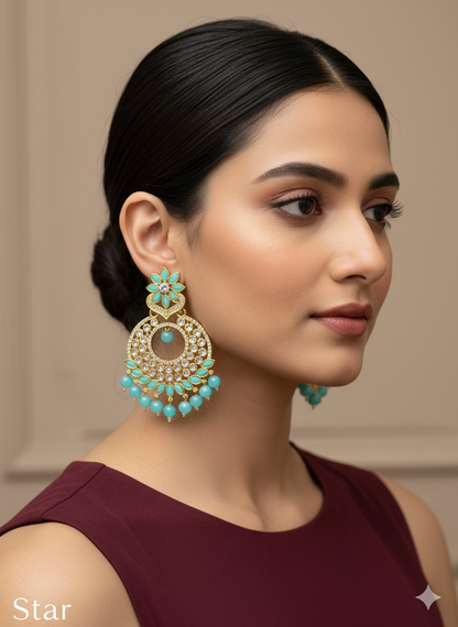 Sky Blue Kundan Star Bollywood Earrings