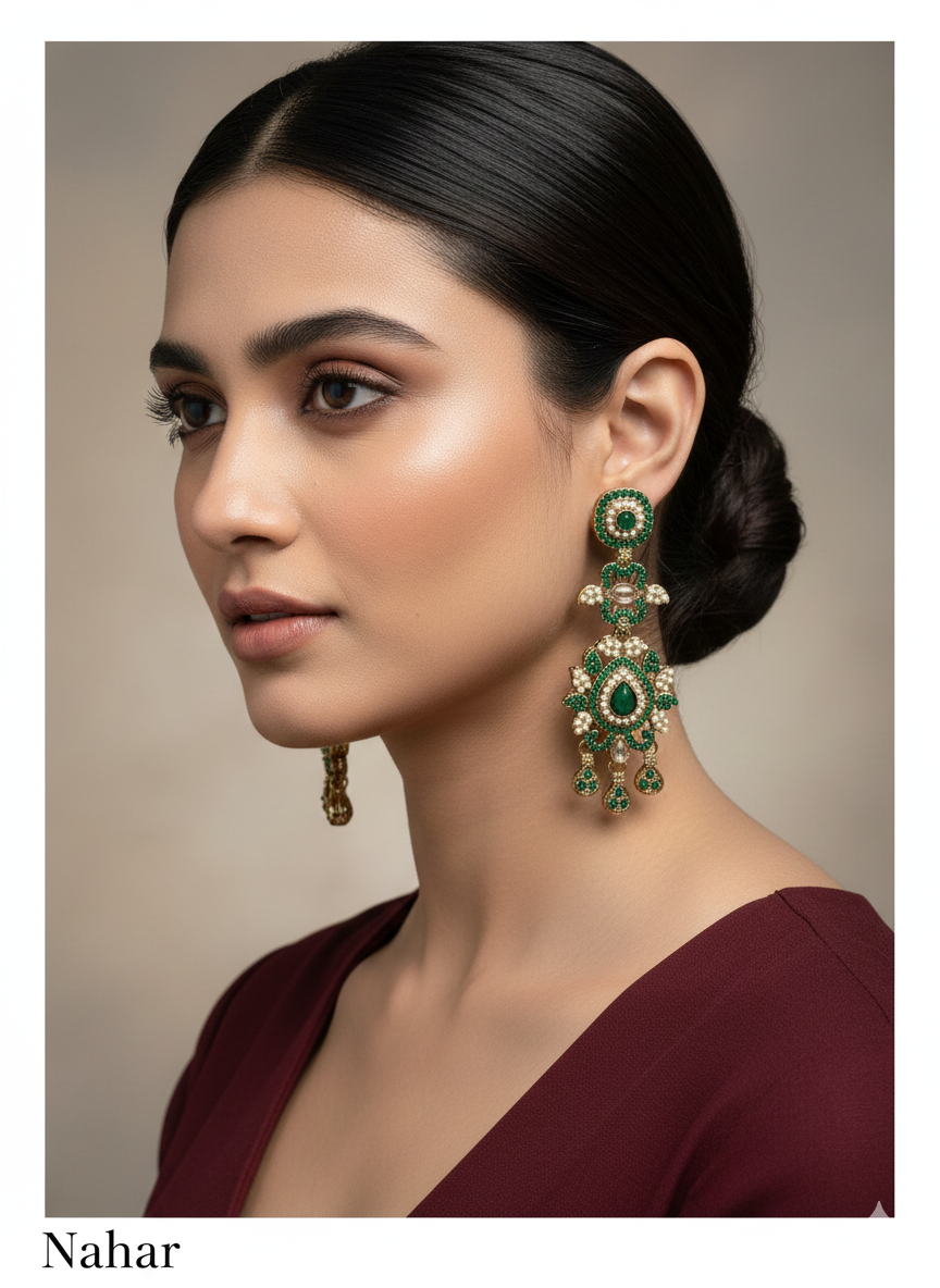 Blue Antique Gold Bollywood Earrings Nahar Set