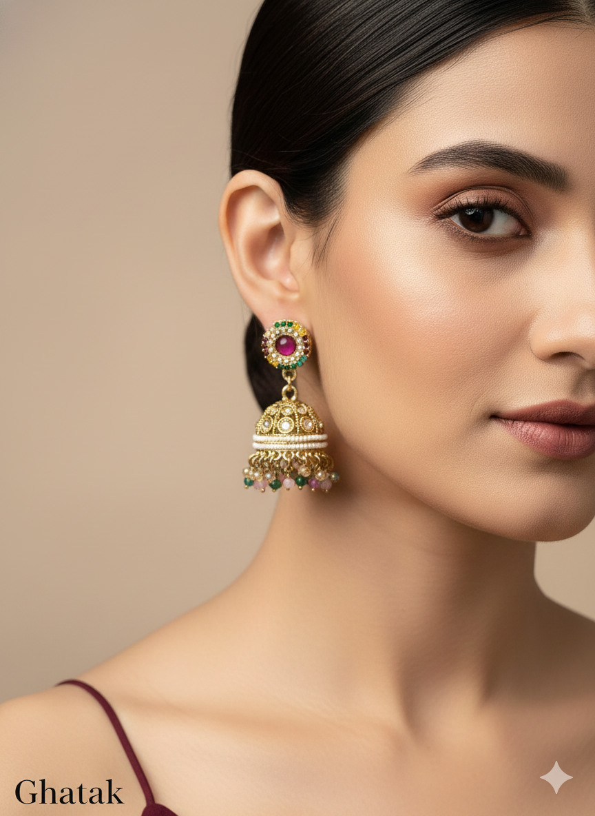 Multi Color Antique Gold Jhumki Bollywood Ghatak Earrings