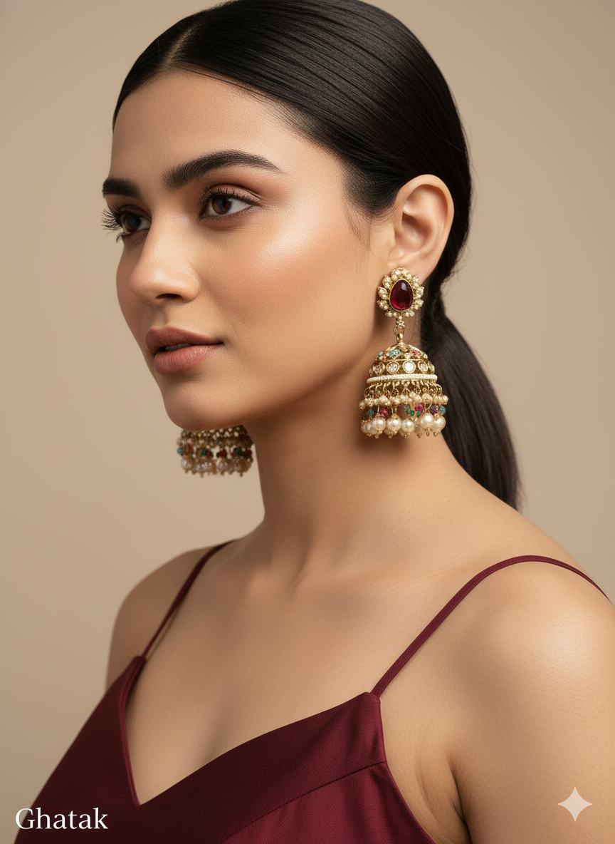 Multi Color Antique Gold Jhumki Bollywood Ghatak Earrings