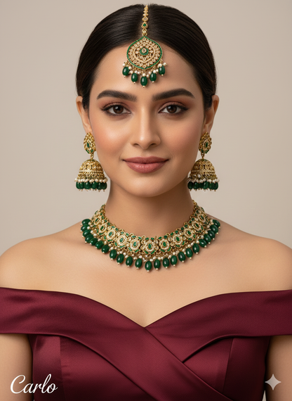 Green Antique Gold Necklace Pakistani Jewellery  Carlo Set