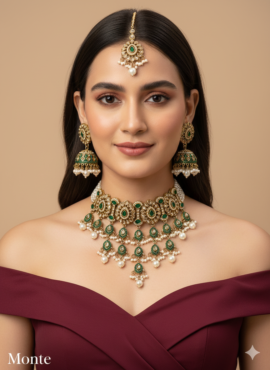Multi Color Antique Gold Choker Jewellery Monte Set
