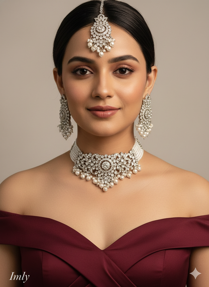 Silver White Choker Jewellery Imly Set