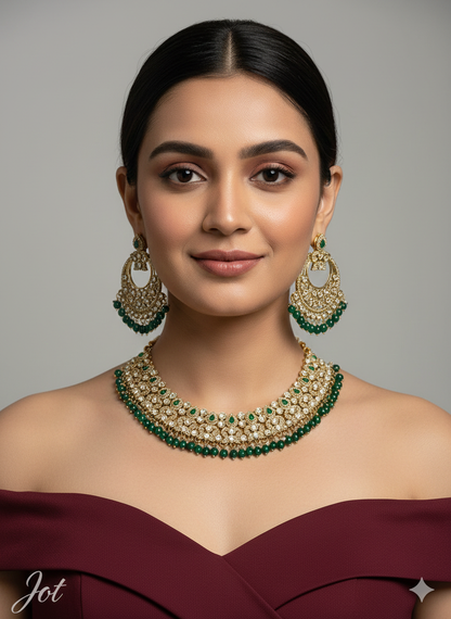 Green Antique Gold Kundan Necklace Jewellery Jot Set