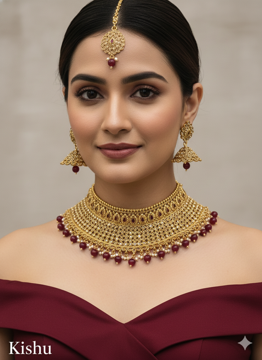 Green Gold Polki Choker Jewellery Kishu Set