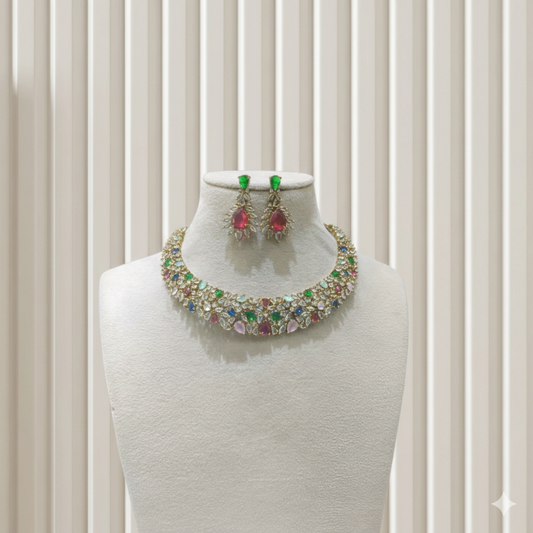 Antique Multi Color American Diamond Ad Necklace Heroin Sets