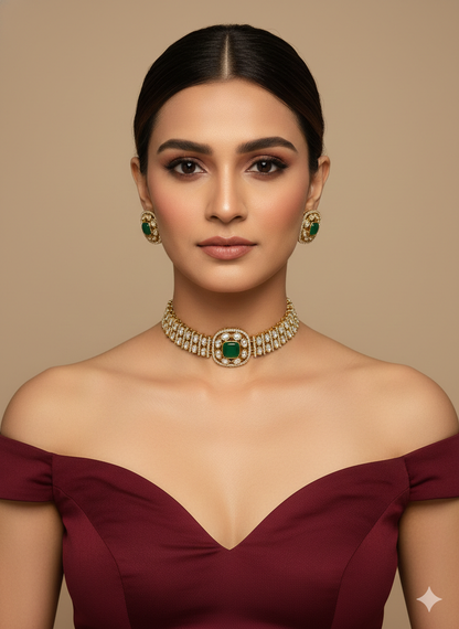 Green Moissanite Kundan Choker Jewellery Farmtrack Set