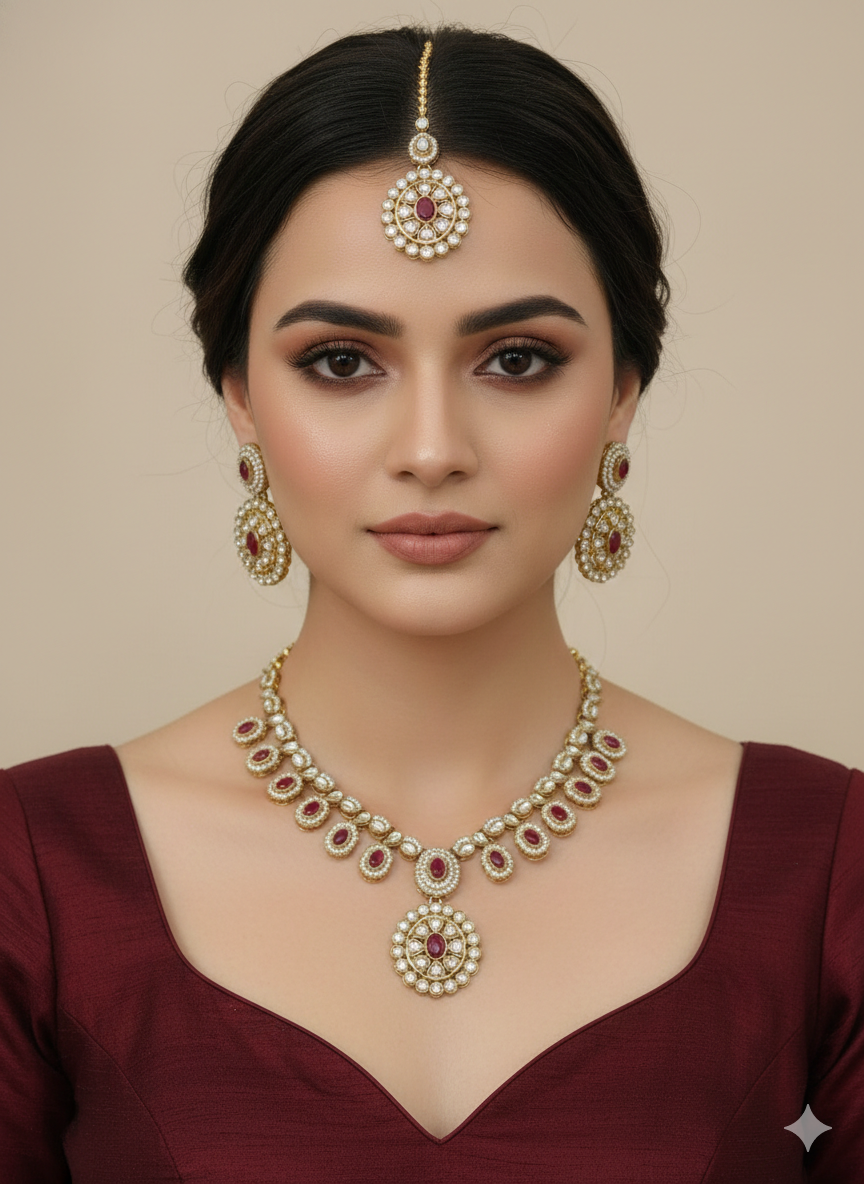 Maroon Moissanite Kundan Necklace Jewellery Bholi Set
