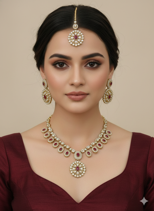 Maroon Moissanite Kundan Necklace Jewellery Bholi Set
