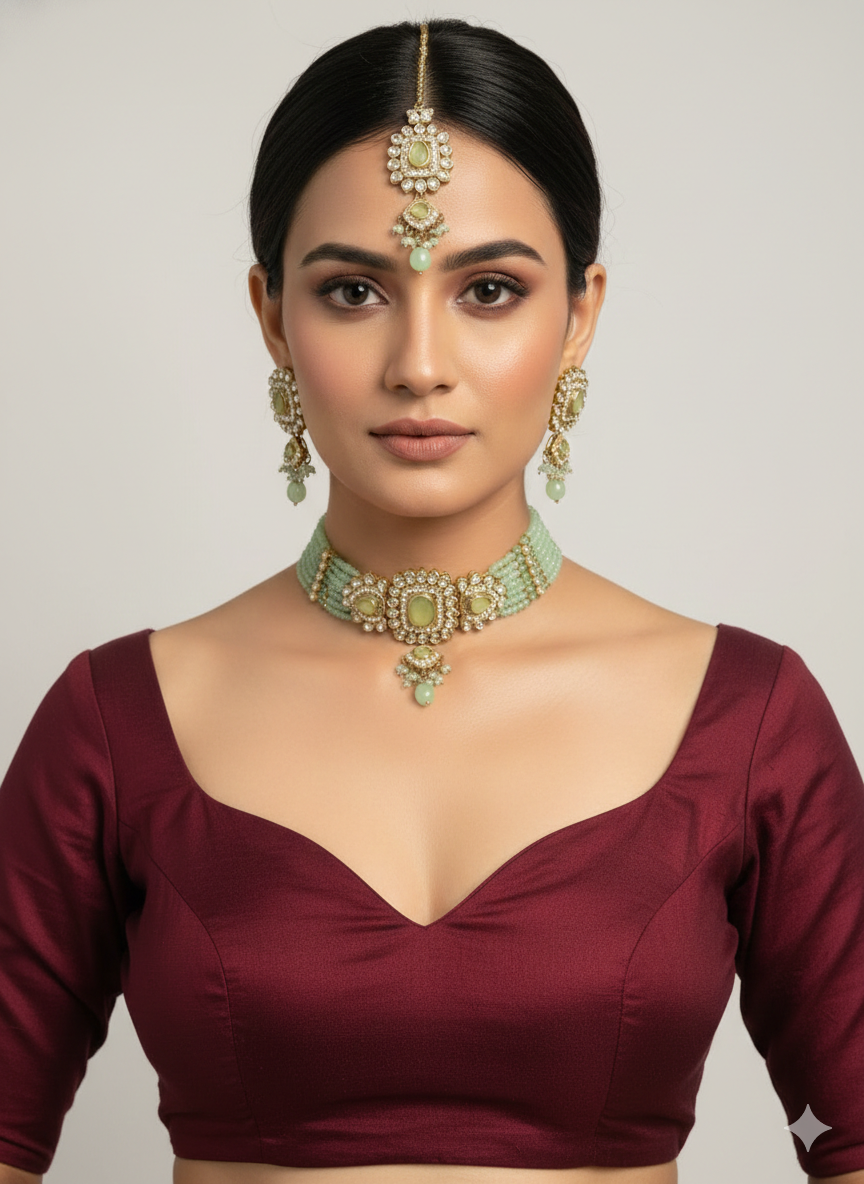 Pista Moissanite Kundan Choker Jewellery Gini Set
