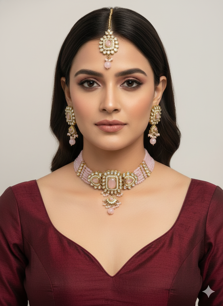 Pink Moissanite Kundan Choker Jewellery Gini Set