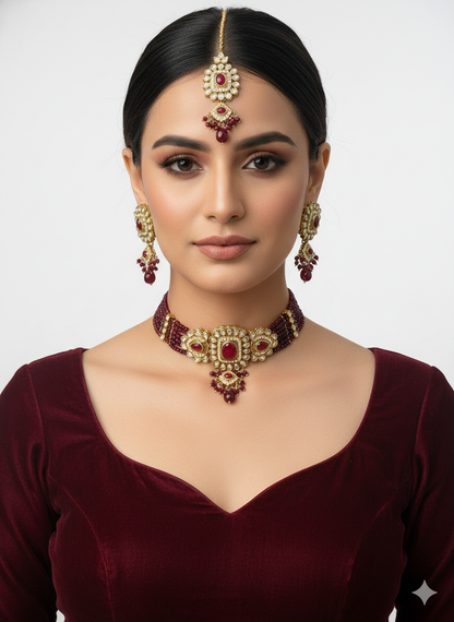Maroon Moissanite Kundan Choker Jewellery Gini Set