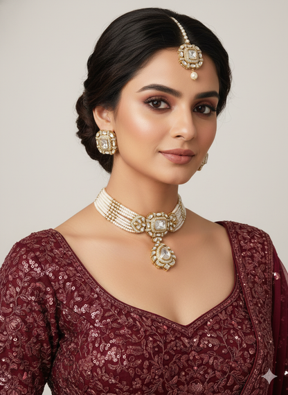 White Moissanite Kundan Choker Jewellery Gini Set