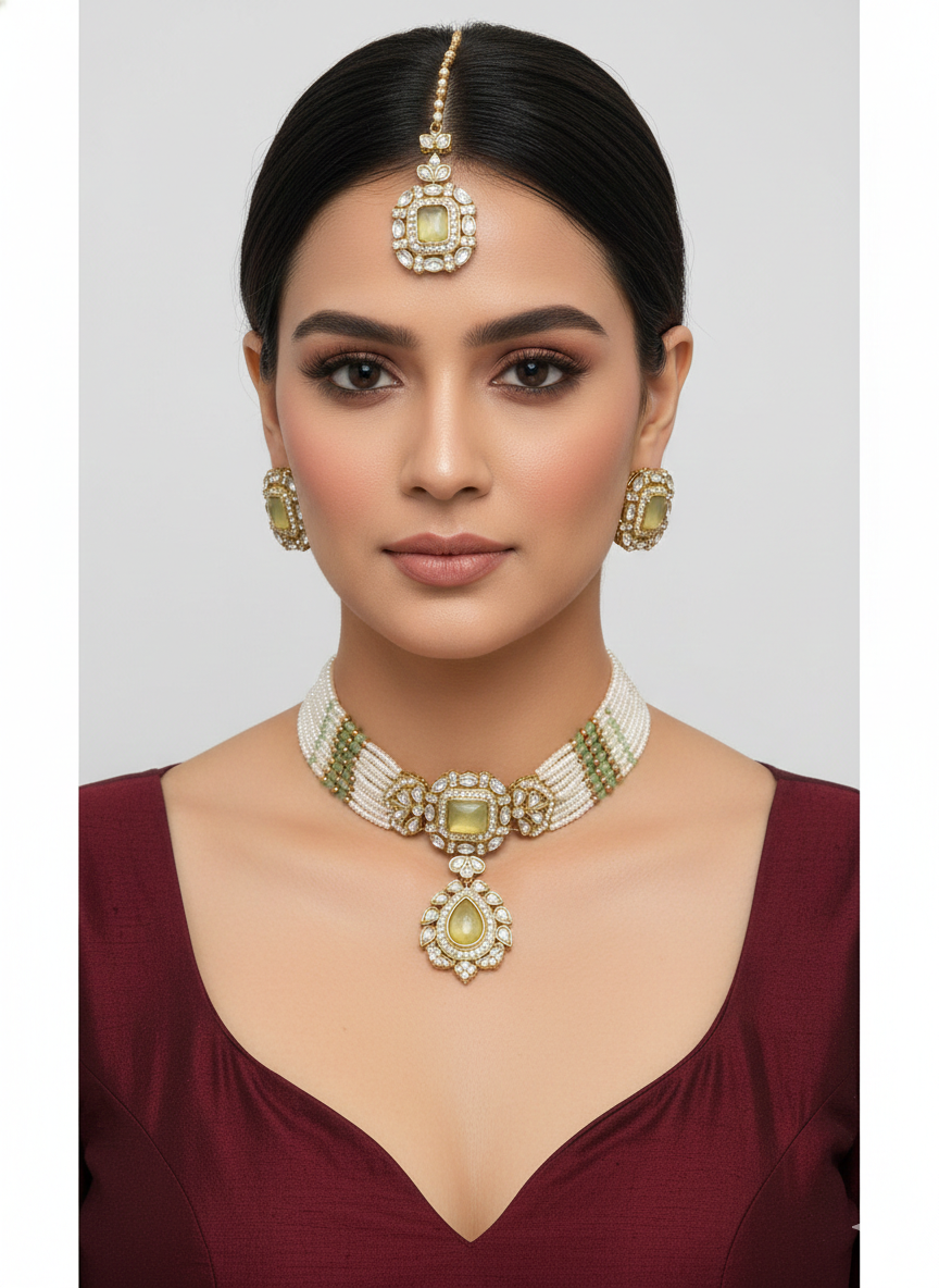 Pista Moissanite Kundan Choker Jewellery Gini Set