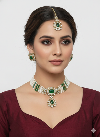 Green Moissanite Kundan Choker Jewellery Gini Set