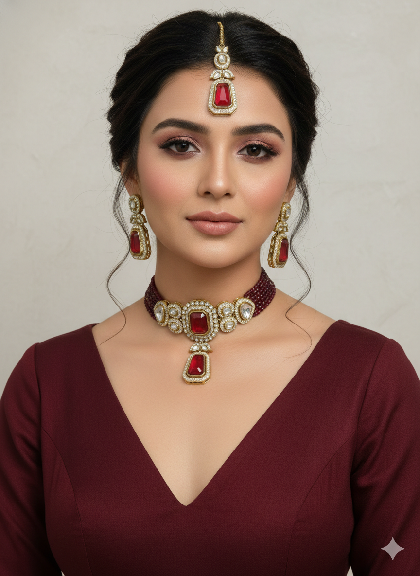 Maroon Moissanite Kundan Choker Jewellery Gini Set