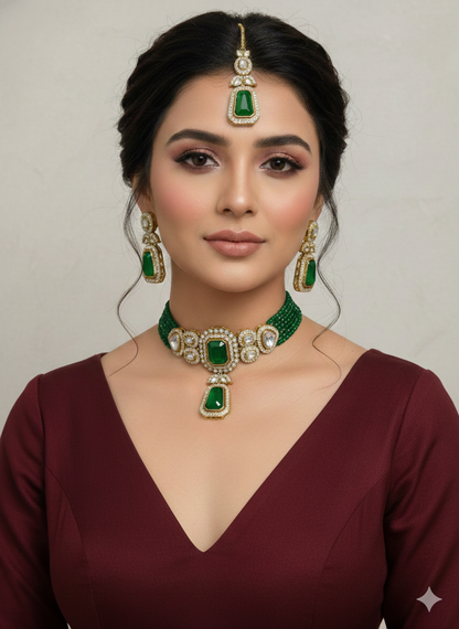 Green Moissanite Kundan Choker Jewellery Gini Set
