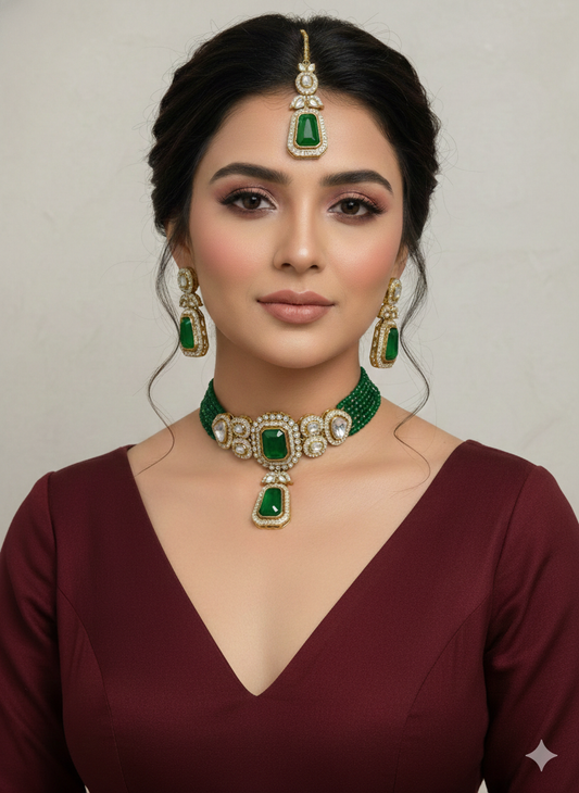 Green Moissanite Kundan Choker Jewellery Gini Set