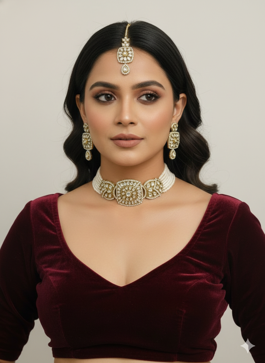 White Moissanite Kundan Choker Jewellery Gini Set