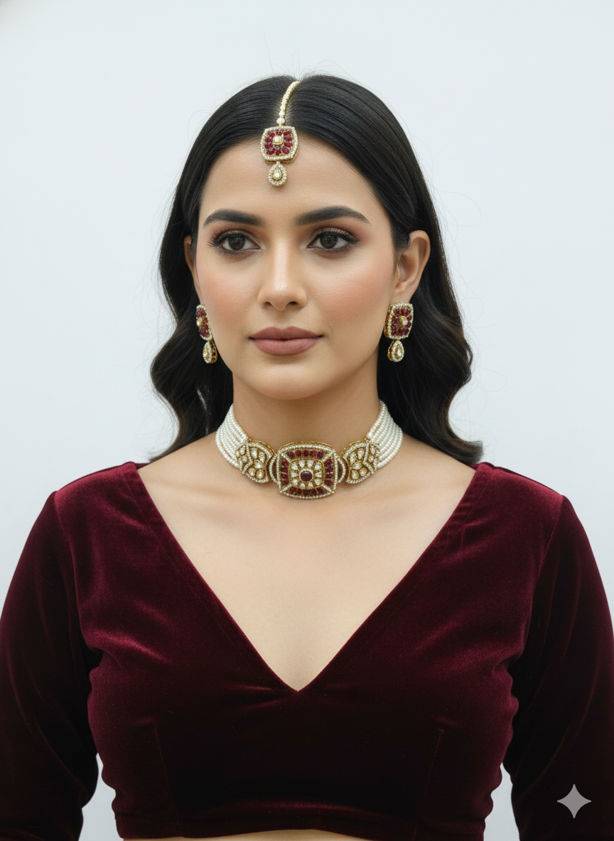 Maroon Moissanite Kundan Choker Jewellery Gini Set