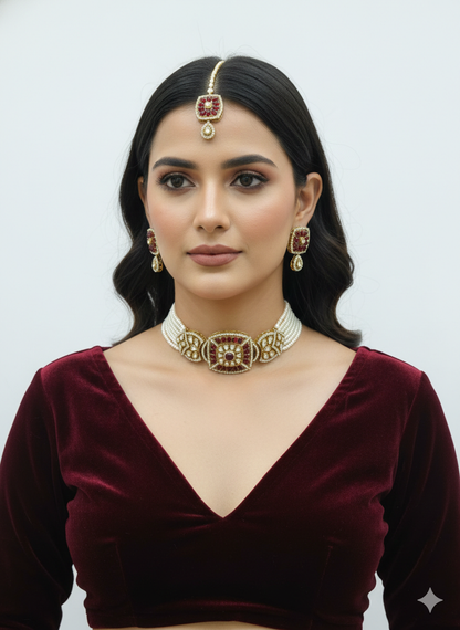 Maroon Moissanite Kundan Choker Jewellery Gini Set