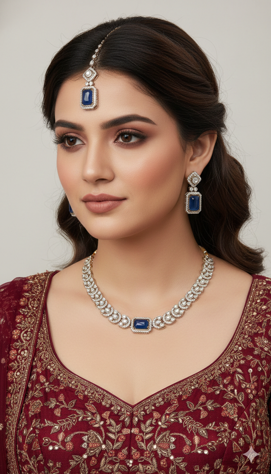Blue Moissanite Kundan Necklace Jewellery Bholi Set