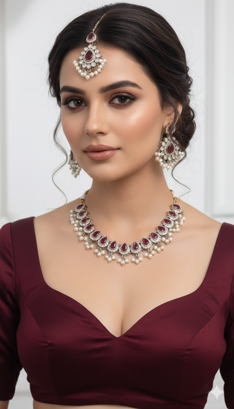 Maroon Moissanite Kundan Necklace Jewellery Bholi Set