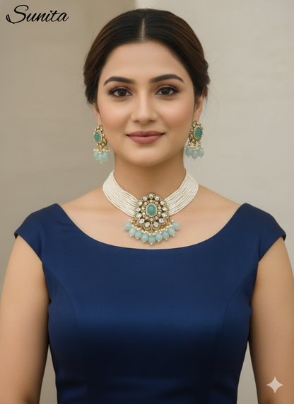 Sage Green Moissanite Kundan Choker Jewellery Sunita Set