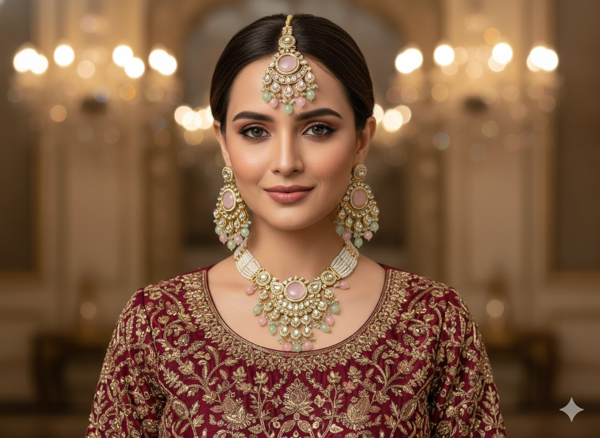 Gold Mint Pink Kundan Nacklace Ekta sets