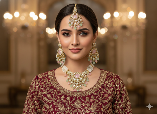 Gold Mint Pink Kundan Nacklace Ekta sets