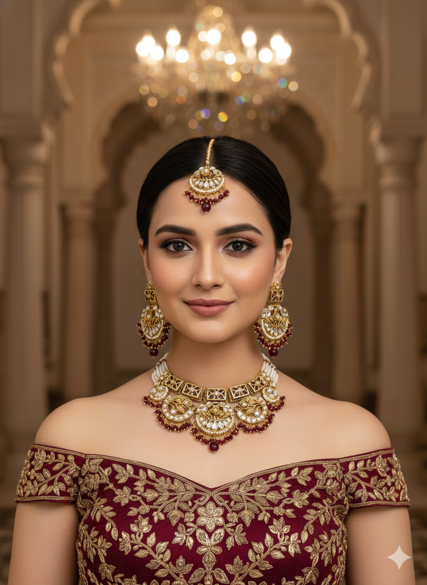 Gold Maroon Kundan Nacklace Damini sets