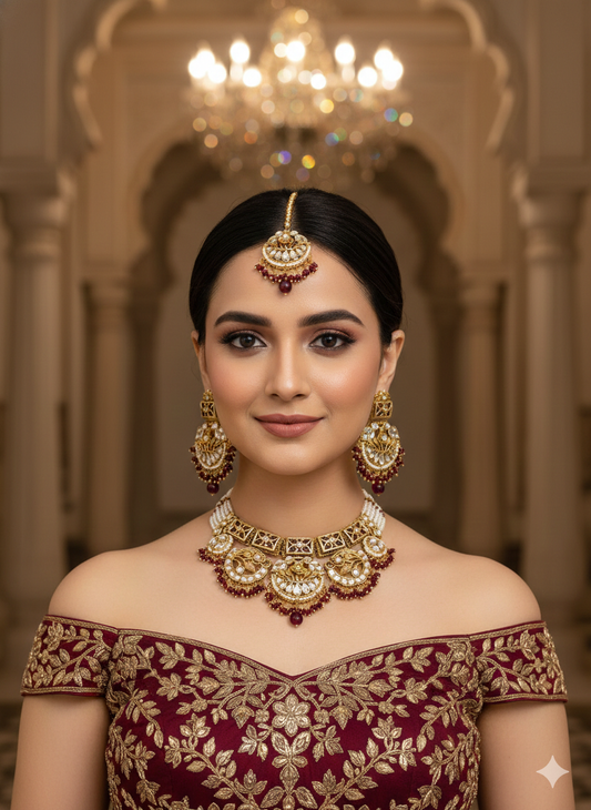 Gold Maroon Kundan Nacklace Damini sets