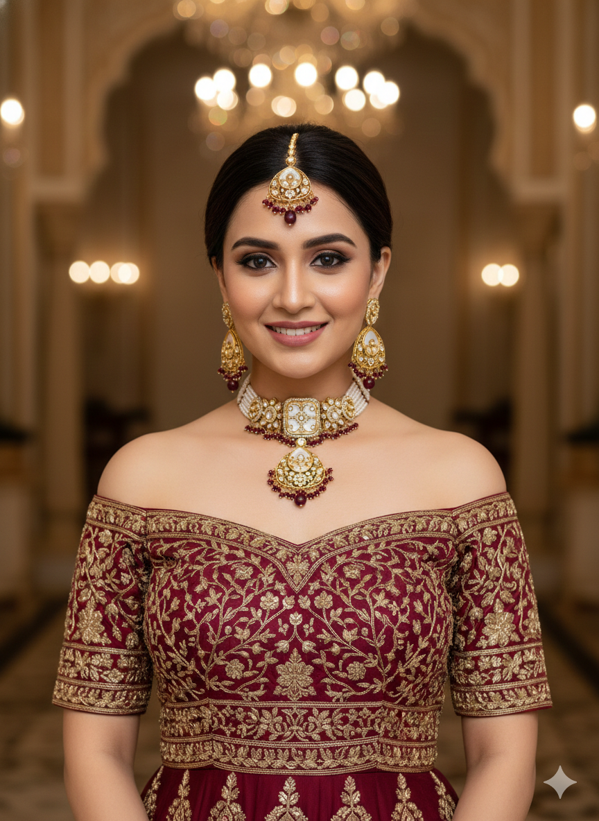 Gold Maroon Kundan Choker Jewellery Aanya Sets