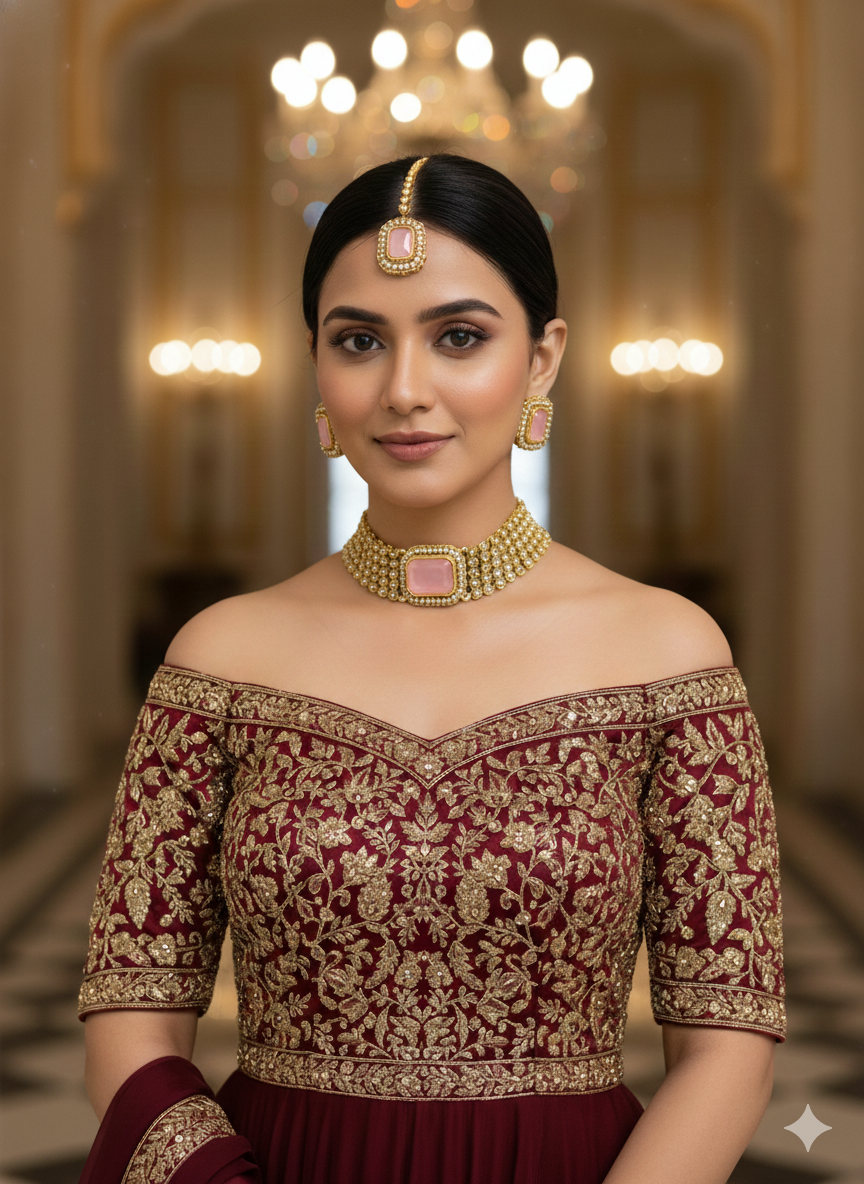 Gold Pink Kundan Choker Jewellery Gunjan Set