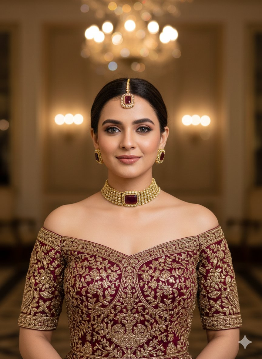 Gold Maroon Kundan Choker Jewellery Gunjan Set