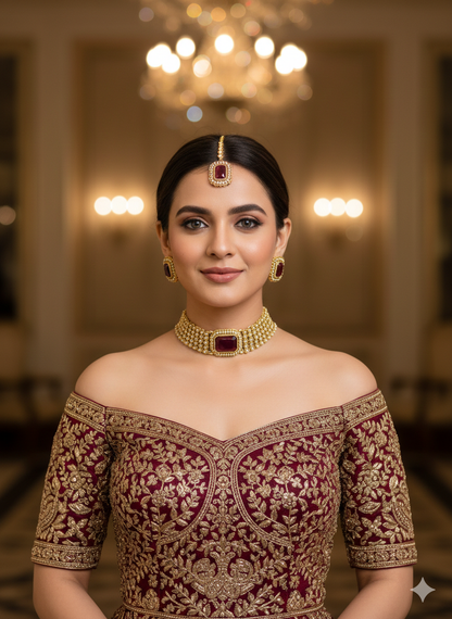 Gold Maroon Kundan Choker Jewellery Gunjan Set