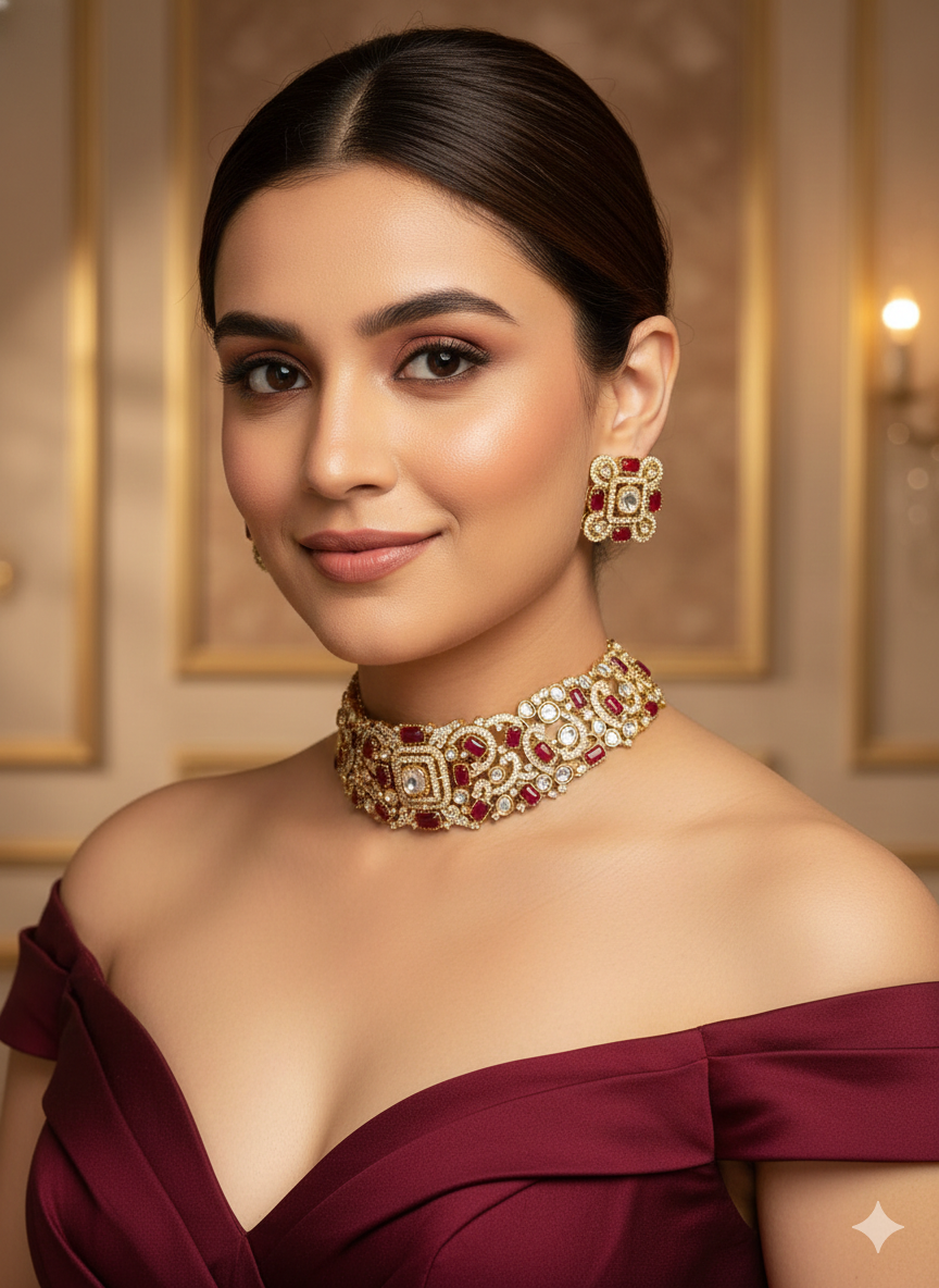 Green Moissanite Kundan Choker Jewellery Saniya Set