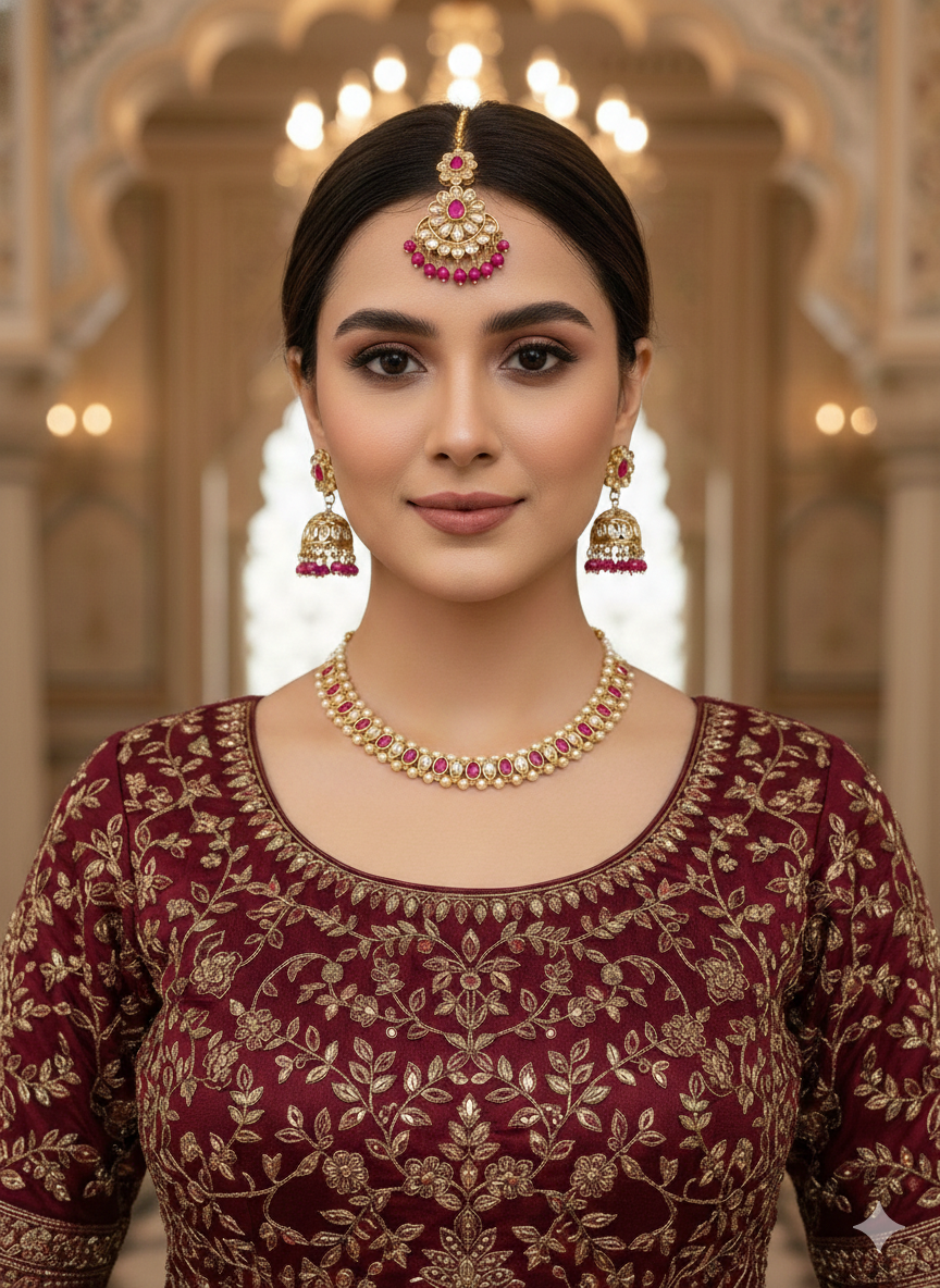 Antique Gold Majenta Necklace Jewellery Jagjeet Bollywood sets