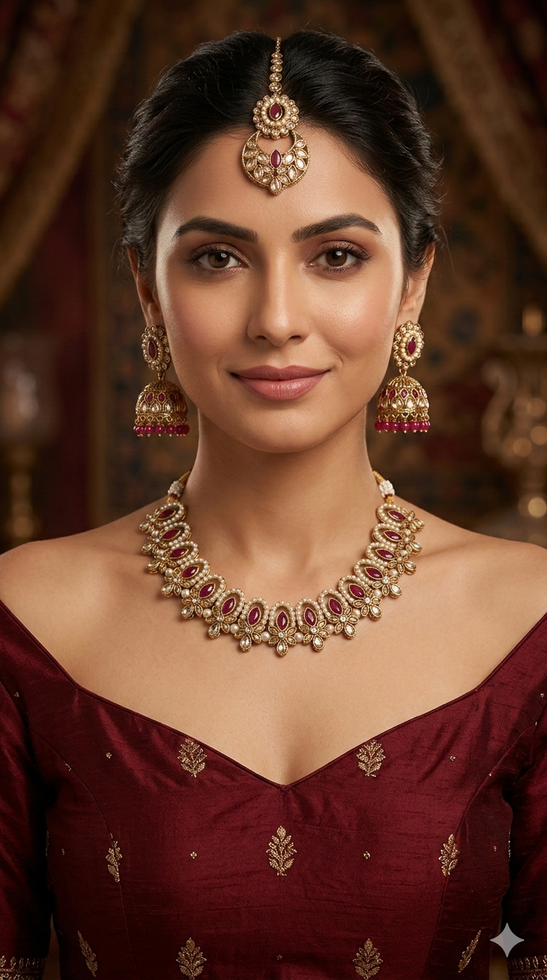 Antique Gold Maroon Necklace Jewellery Risha Bollywood sets