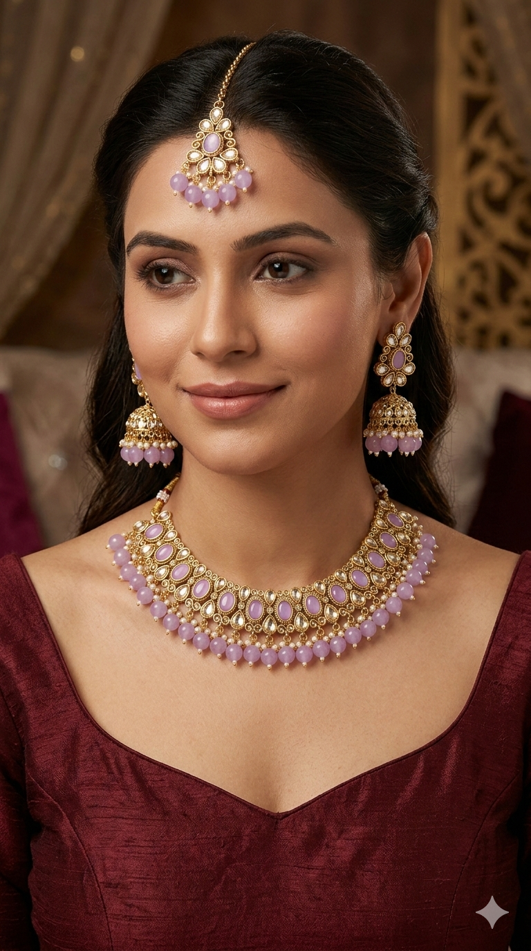Antique Gold Lavender Necklace Jewellery Kitty Bollywood sets