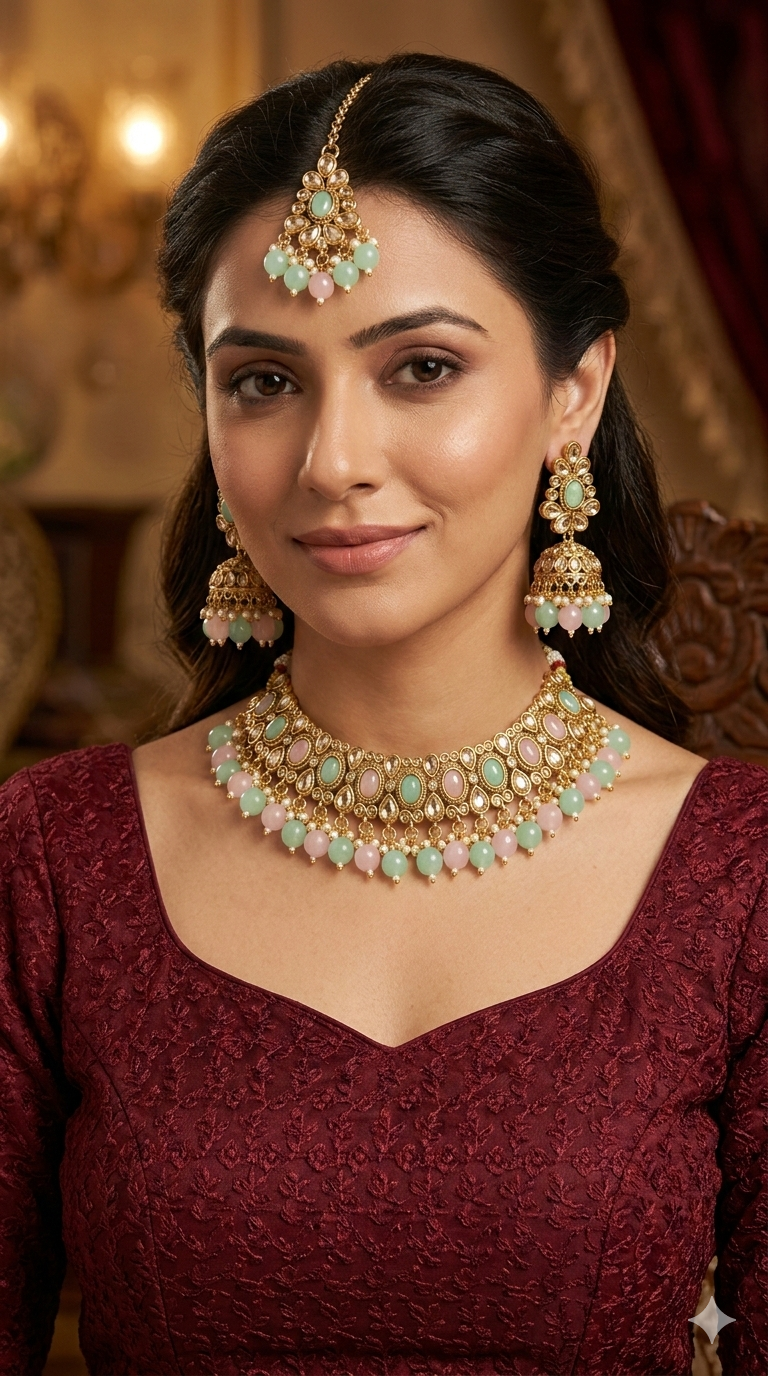Antique Gold Mint Pink Necklace Jewellery Kitty Bollywood sets